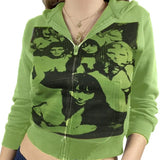 Aesthetic Women Hoodies with Pockets 90s Vintage Graphic Printed Zipper Closure Coat Top E-girl Sweatshirts Spring