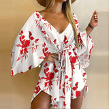 Women Elegant Dresses Sexy V Neck Lace-up Floral Print Mini Dress Casual Flared Sleeves Irregular Ladies Party