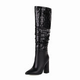New Autumn Winter Zebra Print Women Boots Fashion Pleated Square High Heel Knee High Boots Ladies Slip On Pointed Toe