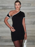 Black Contrast Seam One-Shoulder Short Sleeve Mini Dress-Outfit