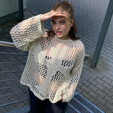 Zingj Smock Hollow Out Long Sleeve Knit Sweater Female Pure Color Versatile Loose Lazy Lazy Wind