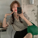 Women's Knitted Short Sleeve Top T-shirt Loose French Stripe