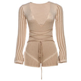 2025 New Women's Fashion Trend Sexy Deep V-Neck Stripe Bump Color High-Rise Collared