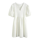 Summer Dress Woman Vintage Puff Sleeve A Line Dresses V-Neck High Waist Mini Dress Green Sexy Grain Dress