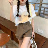 Crimping Shorts Denim Women High Waist Simple Korean Style A-line Ulzzang Vintage Students All-match Fashion