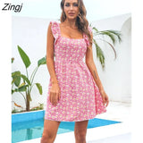 Backless lace-up floral print Dress Women SUMMER Dress 2022 new Sweet Square Neck Ruffle Short Flying Sleev Slim Mini
