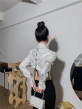 Bandage Cropped Button Up Shirt For Women White Long Sleeve Y2k Top Fashion Blouse Cut Out Designer Top Spring