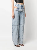 Hot Girl Wind 2025 New High Waist Design Sense Hollow Out Waist With Jeans Solid Color Straight Pants