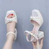Cm Thick Heel Fish Mouth Waterproof Table Sandals Round Head Square Thick Heel Sandals White Pearl Wedding