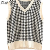 Loose sleeveless vest sweater 2021 autumn winter women's houndstooth knitted vest V-neck sleeveless pullover sweater