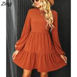 PETAL Burnt Orange Ribbed Tiered Mini Dress For Woman O-neck Long Sleeve Party Dress 2023 Spring Autumn Female