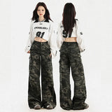 Street Wide-Legged Camouflage Workwear Jeans Women Autumn New High-Rise Thin Loose Straight