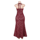 Red Lace Flower Halter Mermaid Style Maxi Dress- Outfit