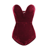 Burgundy Strapless Velvet Sexy Bodysuit Women Sweetheart Bodycon Backless Lace Up Body V Neck Party Club