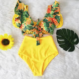 Ruffled Hem Bikini Set Women Flora V-Neck High-Waisted Two Piece Swimsuit 2023 Girl Beach Bathing Suit Swimwear