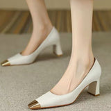 Zingj Shoes Korean Version Thick With Niche Design Metal Head Square Head Temperament Socialite Shallow High-Heeled Shoes Four Seasons Shoes-Outfit
