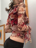 Y2K Fairycore Aesthetics Floral Print Mesh T-shirts 90s Fashion Square Collar Ruched Flare Sleeve Crop Top