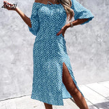 Elegant Summer Women Dress Women Cloth Half Short Puff Sleeve Loose Slim Print Midi Sundress New Fashion Small Floral