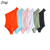 Women Sexy Solid Single Shoulder Buckle Slim Asymmetric Bodysuits Ladies Backless Playsuits Mujer Beach Rompers