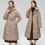 Down Cotton-Padded Jacket Female Long Knee Hooded Cotton-Padded Jacket Female Winter Long Cotton-Padded Jacket Waist Belt Hooded Coat Thick-Outfit