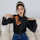 Spring 2022 Fashion Women Fox Embroidered Shirt Ruffle Long Sleeve Top Button Up Collared Shirt Designer Elegant