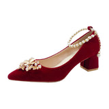 Shoes Bride Shoes Chinese Red Single Shoes Spring And Autumn New Rhinestone Bow A String Of Beads Buckle Thick Heel High-Heeled