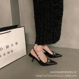 Zingj / Summer 2023 New Belt Buckle Tip Fine Heel Middle Heel Empty Head Sandal Temperament Rivet Low Heel Single Shoe Women-Outfit