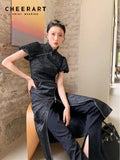 Vintage Black Cheongsam Qipao Dress Women Summer Short Sleeve Zipper Puff Sleeve Bodycon Long Dress Designer