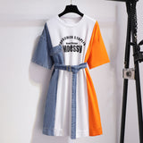 Patchwork T Shirt Dress Women Korean Ulzzang Causal Party Dress Sashes Streetwear Plus Size Fake Two Piece Dress