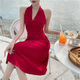 Halter Sexy Backless Midi Bodycon Red Party Sleeveless Dress Beach Holiday