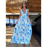 Women V Neck One Piece Dress Strappy Backless Bow Beachwear Women Party Dresses Casual Summer Clothing Fashion Long