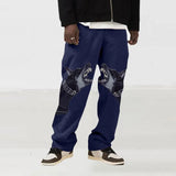 Spring Summer Casual Pants Mens Fashion Mid Waist Pants Hipster Streetwear Vintage Cross Print Loose Straight Trousers