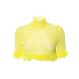 2000s Fashion Rave Patchwork Feather Trim Mesh Tops Y2K Aesthetics Transparent Turtleneck Short Sleeve Tees Party