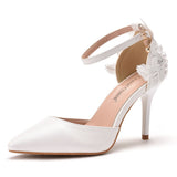 Lace Flower Wedding Shoes One-Word Wristband Bridal Shoes Fine Heel Sharp Wedding Shoes Women Sandals Car Show