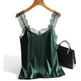 Sexy Lace Tank Tops Women Silk Sleeveless V Neck Womens Camisole Halte Tank Top Feminino Slim White Summer Woman