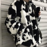 Women Fleece Jackets Furry Teddy Coat Women Harajuku Milk Cow Print Faux Fur Jacket Vintage Hip Hop Warm