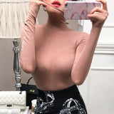 Fall Fashion Women's Tshirt Solid Long Sleeve Turtleneck Tops Ladies Tight Bottom See Through Sexy T shirt