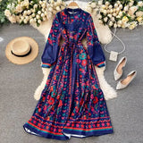 New Spring Autumn Women Fashion Outwear Bohemian Holiday Long Sleeve Standing Collar Elegant Dress Hit Color Sexy