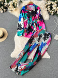 Female Fashion Print Two Pieces Suits Bow Bandage Long Sleeve Tops+Casual Wide Leg Pants Streetwear Autumn Retro