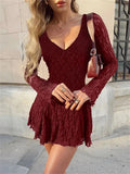 Lace Long Sleeve Hollow Out V-Neck Mini Dress- Outfit