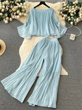 Senior Pleated Suits Long Flare Sleeves Ruched Top+High Waist Wide Legs Pants Female 2023 Autumn Solid Streetwear