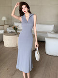 Zingj Lapel Zipper Strip Sleeveless Knitted Dress Female Summer Hong Kong Style Retro Style Skinny