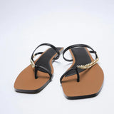 ZAR Brand 2022 New Summer Slippers Women Luxury Fashion Square Toe Metal Chain Flat-Heeled Sandals Woman Shoes Plus Size