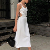 White Midi Backless Dress Women Hollow Out 2021 Summer Bandage Sexy Beach Spaghetti Strap Black Casual