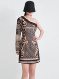 Zingj Spring Wear New Printing Heavy Industry Nail Bead Single Shoulder A Line Skirt Retro Style Small Long-Sleeved