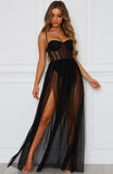 Women Black White High Split Long Maxi Evening Party Dresses 2022 Summer Sexy Spaghetti Strap Hollow Out Mesh Night Club