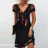 Elegant Dresses Summer Fashion Sexy V Neck Lace Short Sleeves Mini Dresses Ladies Vintage Black Club Party Dress