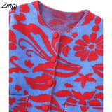 Women Vintage O Neck Flower Jacquard Knitting Sweater Female Chic Long Sleeve Double Pockets Cardigan Coats Tops