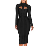Women White Bandage Dress Bodycon 2021 New Arrivals Sexy Cut Out High Neck Long Sleeve Party Rayon Bandage Midi