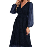 Zingj New V-Collar Elegant Slim Solid Color Stitching Mesh Perspective Sprinkling Powder Dress Female-Outfit